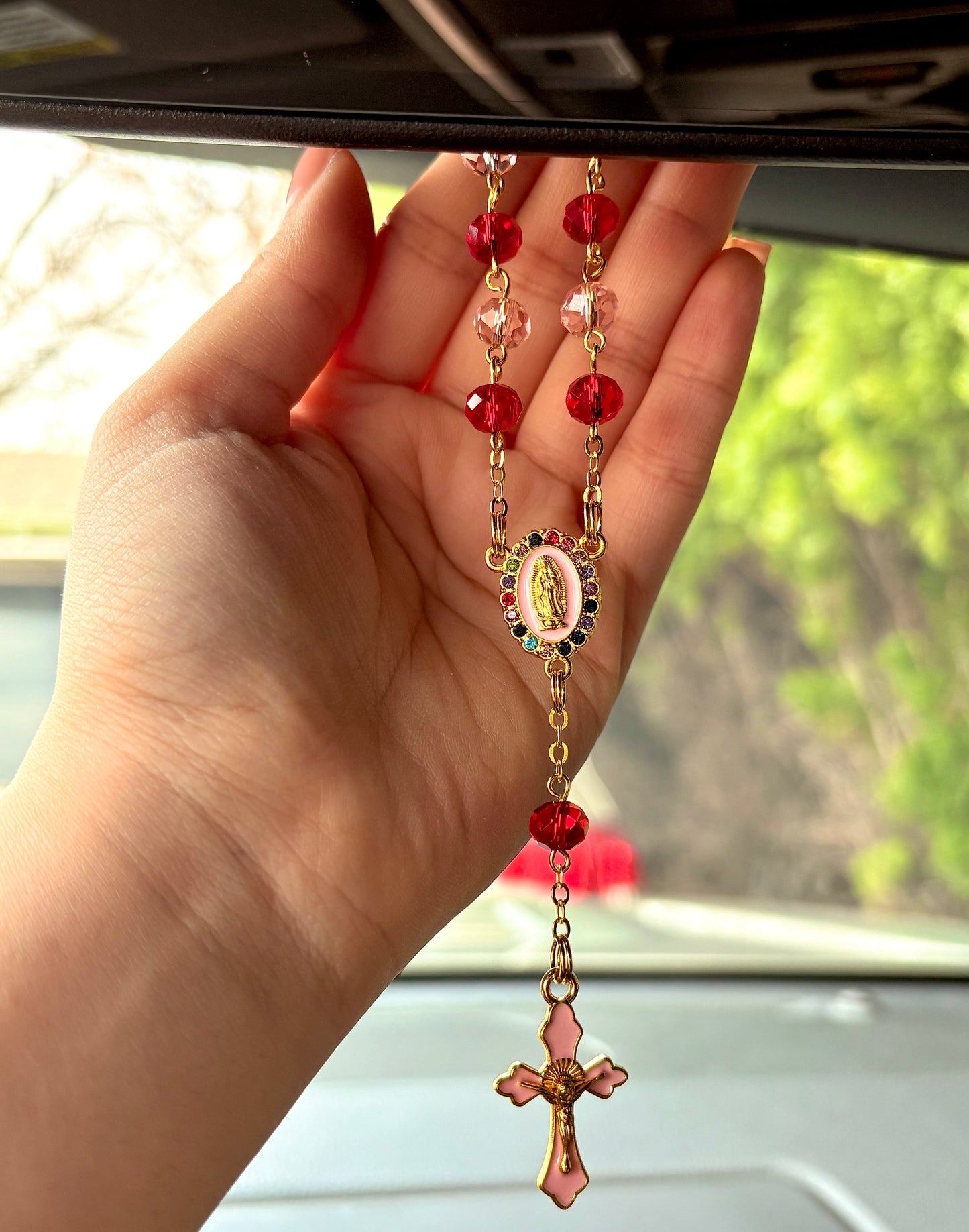 Red & Pink Virgencita Car Rosary