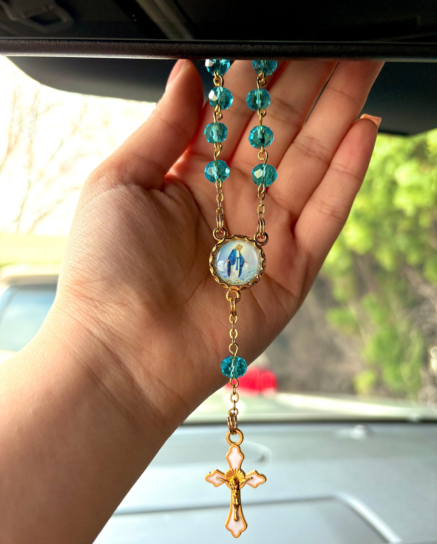 Blue Virgin Mary Car Rosary