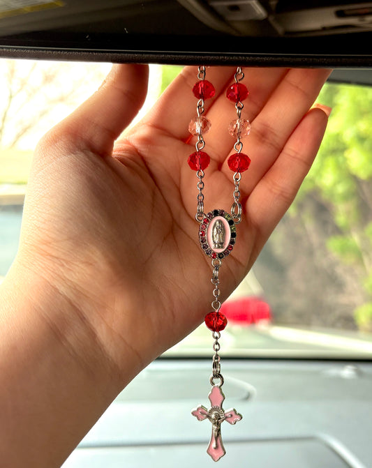 Silver Pink & Red Virgencita Car Rosary