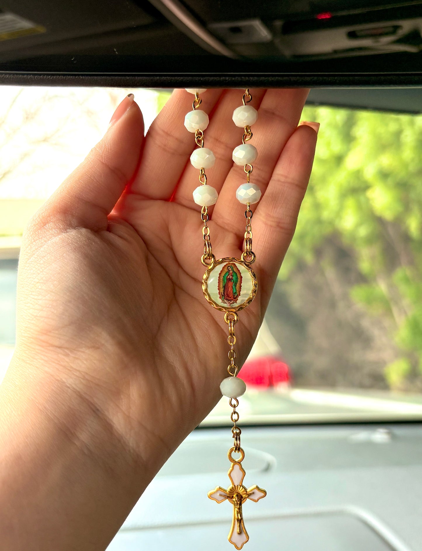 White Virgencita Car Rosary